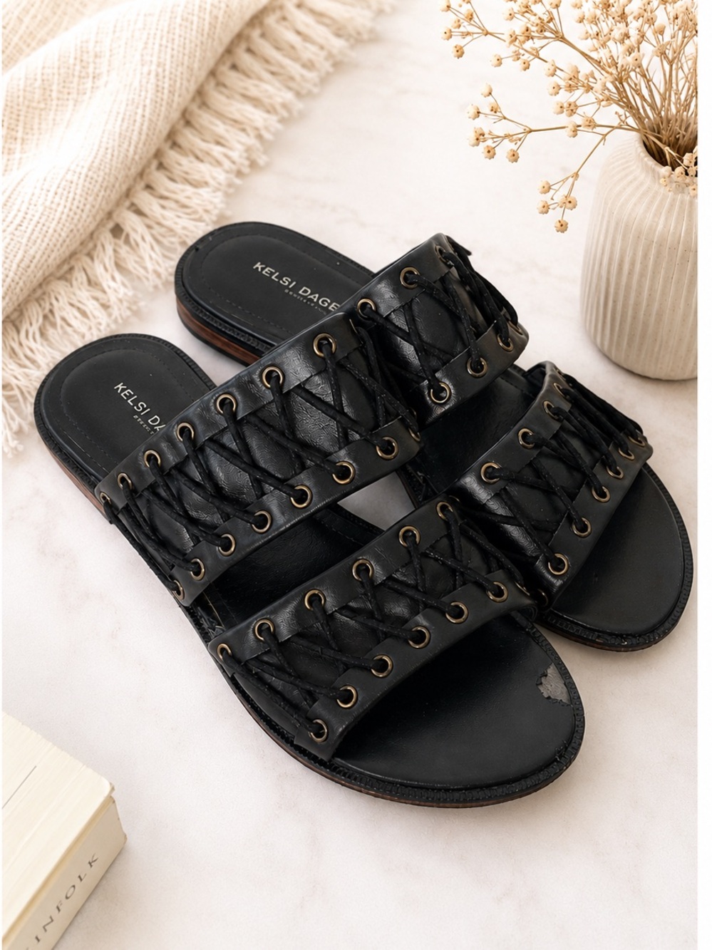 Kelsi Dagger Brooklyn Black Leather Lace Up Double Strap Slide Sandals Size 10